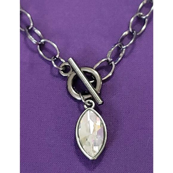 Sparkly Clear Rhinestone Crystal Necklace & Earrings Set Front Toggle Gunmetal - Picture 2 of 8